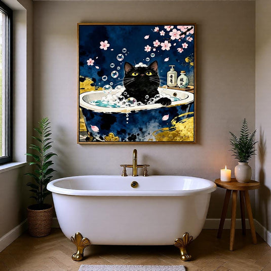 Black Cat Wall Art Japandi Zen Bathroom Decor Toilet Printable Matte Download