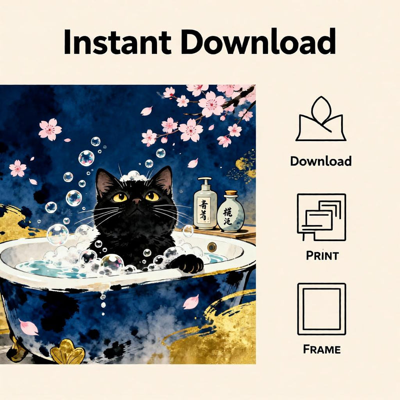 Load image into Gallery viewer, Black Cat Wall Art Japandi Zen Bathroom Decor Toilet Printable Matte Download
