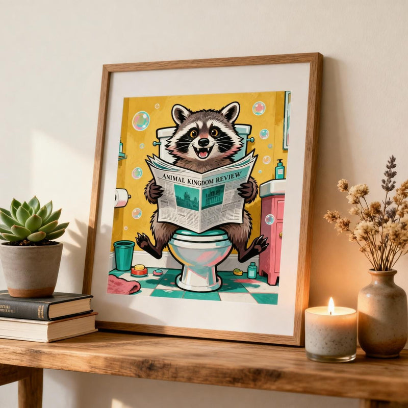 Load image into Gallery viewer, Bathroom Wall Art Funny Raccoon Toilet Humor Decor Quirky Printable Matte Download

