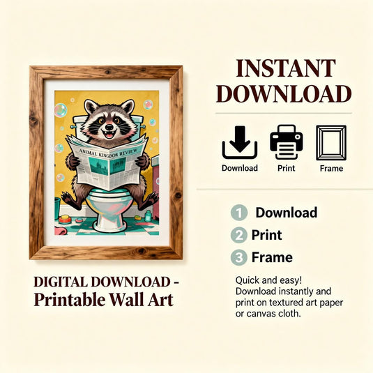 Bathroom Wall Art Funny Raccoon Toilet Humor Decor Quirky Printable Matte Download