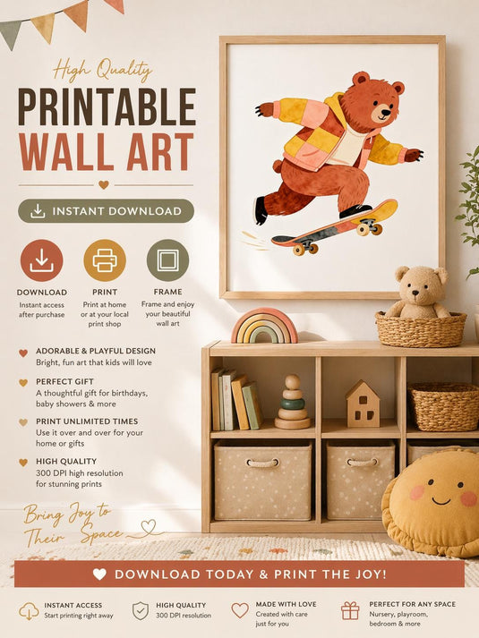 Whimsical Bear Wall Art Skateboard Printable Nursery Decor Kids Room Matte Download Gift
