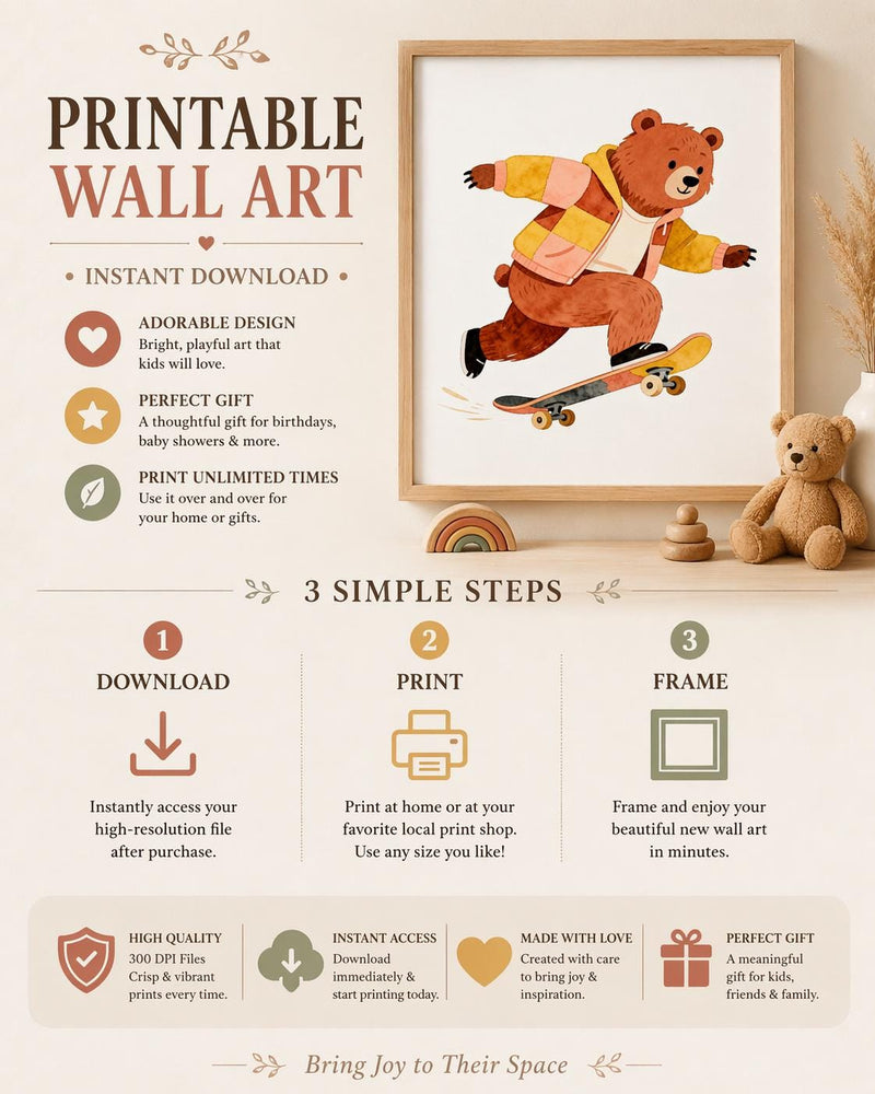 Load image into Gallery viewer, Whimsical Bear Wall Art Skateboard Printable Nursery Decor Kids Room Matte Download Gift
