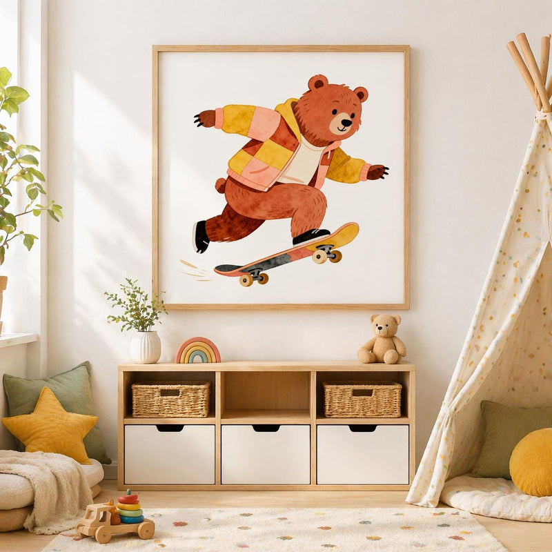 Load image into Gallery viewer, Whimsical Bear Wall Art Skateboard Printable Nursery Decor Kids Room Matte Download Gift
