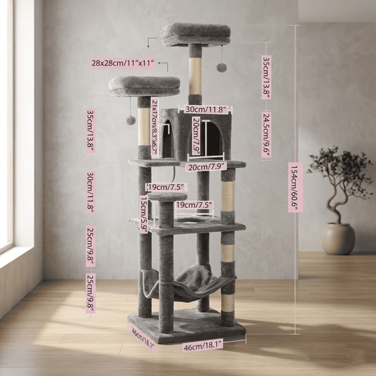 Multi-Level Cat Tree Tower with Scratching Posts and Hammock, Large Grey