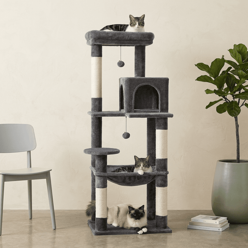 Load image into Gallery viewer, Multi-Level Cat Tree Tower with Scratching Posts and Hammock, Large Grey
