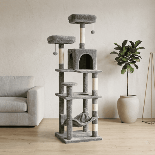 Multi-Level Cat Tree Tower with Scratching Posts and Hammock, Large Grey
